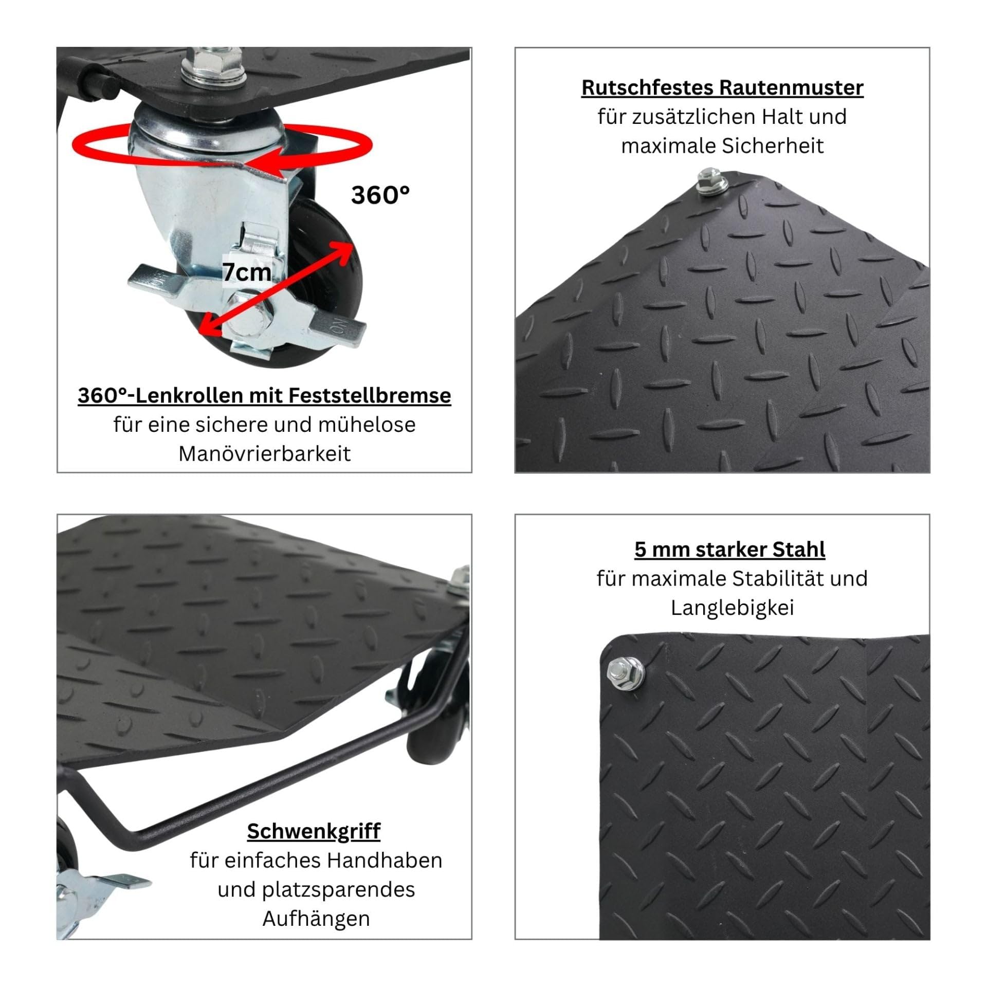PROREGAL Rangierhilfe Titan für PKW Auto Motorrad | Set 2 Stück jeweils 700 kg, insgesamt 1400 kg Traglast | mit Bremsen & Schwenkgriff | Stahl | Rangierroller Rangierheber Wagenheber Roller V Form