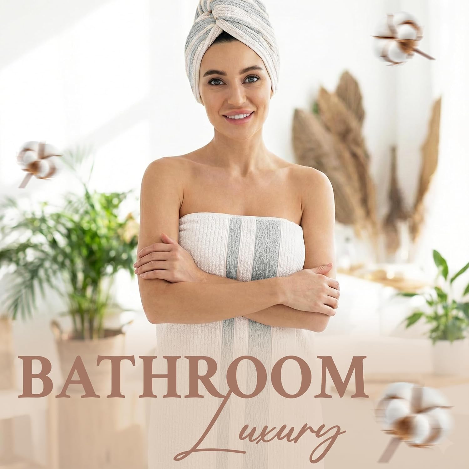 Arconiz Luxury Turkish Cotton Bath Towel Set - 2-Piece XL Bath Towels (30x56), Soft, Quick Dry, Absorbent - Beige/Green, for Bathroom, Spa, Hotel