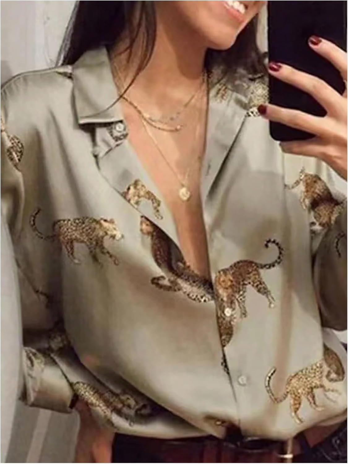 WDIRARA Women's Leopard Button Down Satin Shirt Long Sleeve Dressy Blouse Top - Image 3