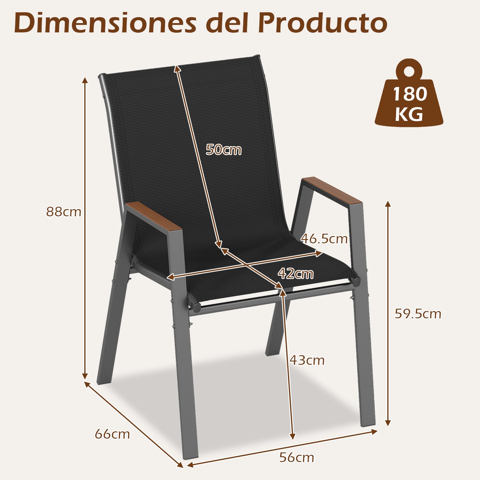 COSTWAY 2/4 Sillas Jardín Apilables, Textilene, Sillas Terraza Exterior con Respaldo Alto y Reposabrazos Ergonómicas, Marco de Metal, 56 × 66 × 88 cm, Patio Balcon, Carga 180kg (Negro,2)