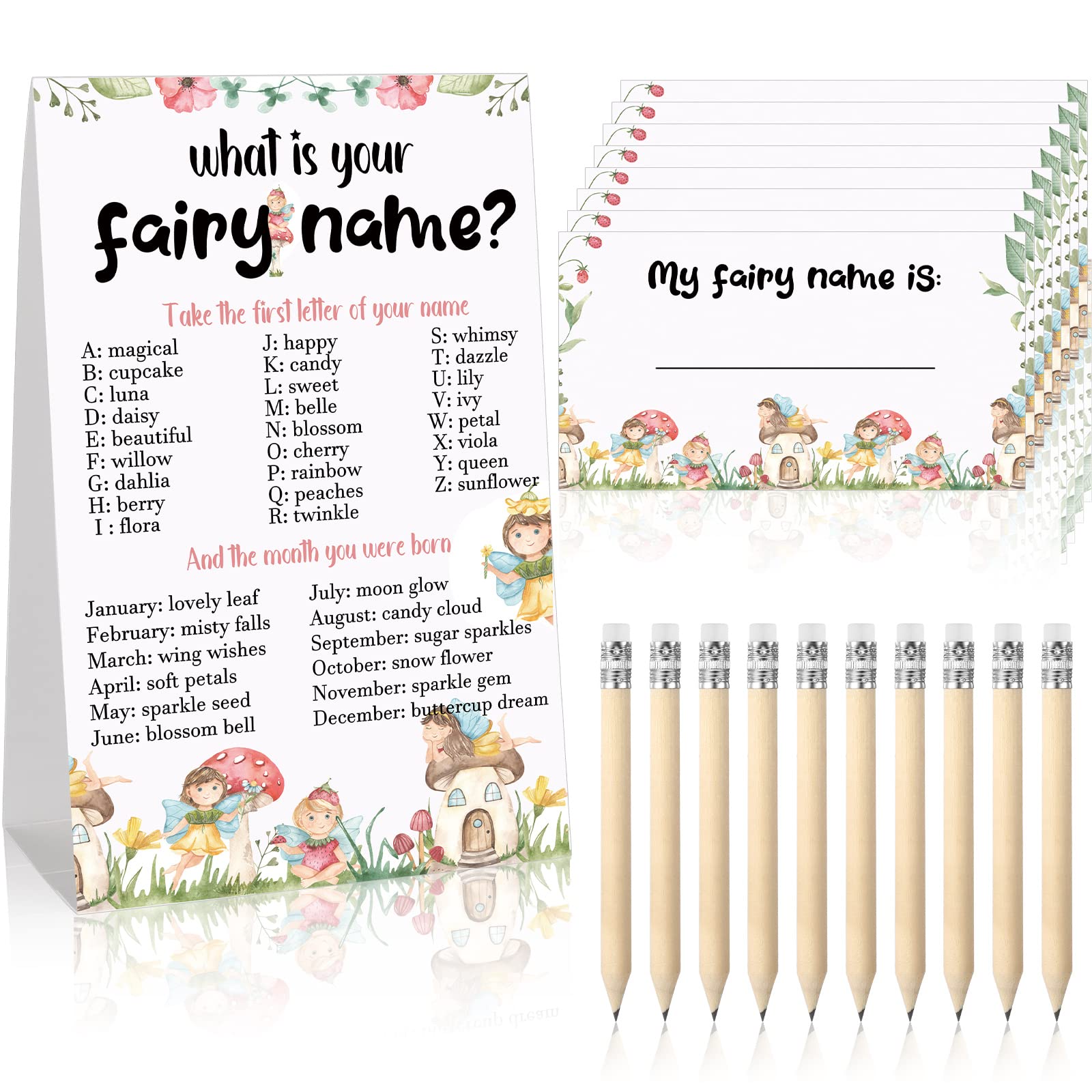 Kosiz 61 Pcs What Is Your Fairy Name Game Includes 1 Fairy Birthday Party Sign for Girls Holiday Activity 50 Small Name Game Cards 10 HB Pencils for Kids Holiday Spring Easter Tea Party Favors