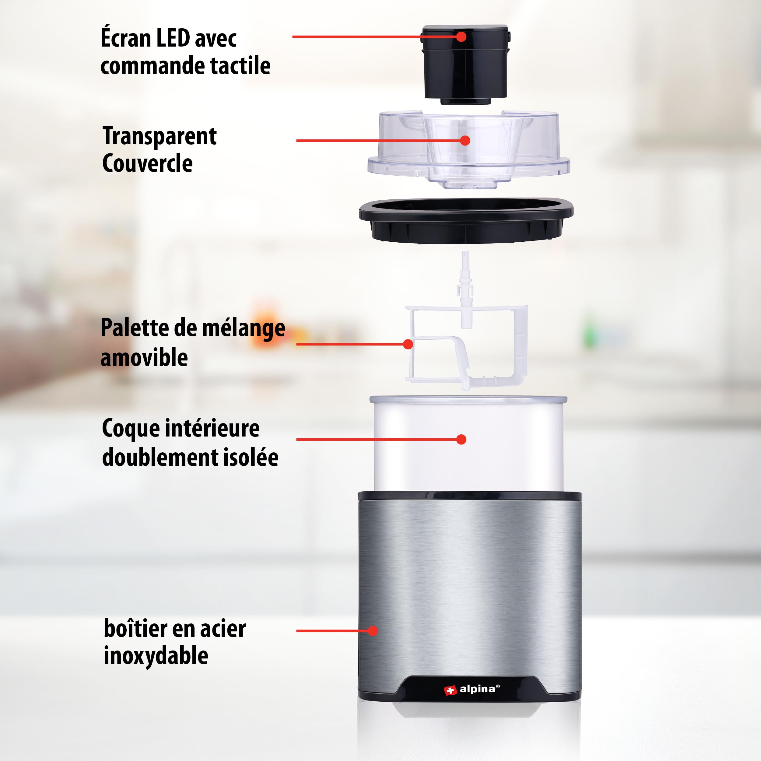 alpina Sorbetiere - Machine a Glace - Turbine a Glace pour Sorbetières, Glace Italienne et Yaourt Glacé - Sorbetiere Turbine a Glace 2L - Arrêt Automatique - Acier Inoxydable - Argenté