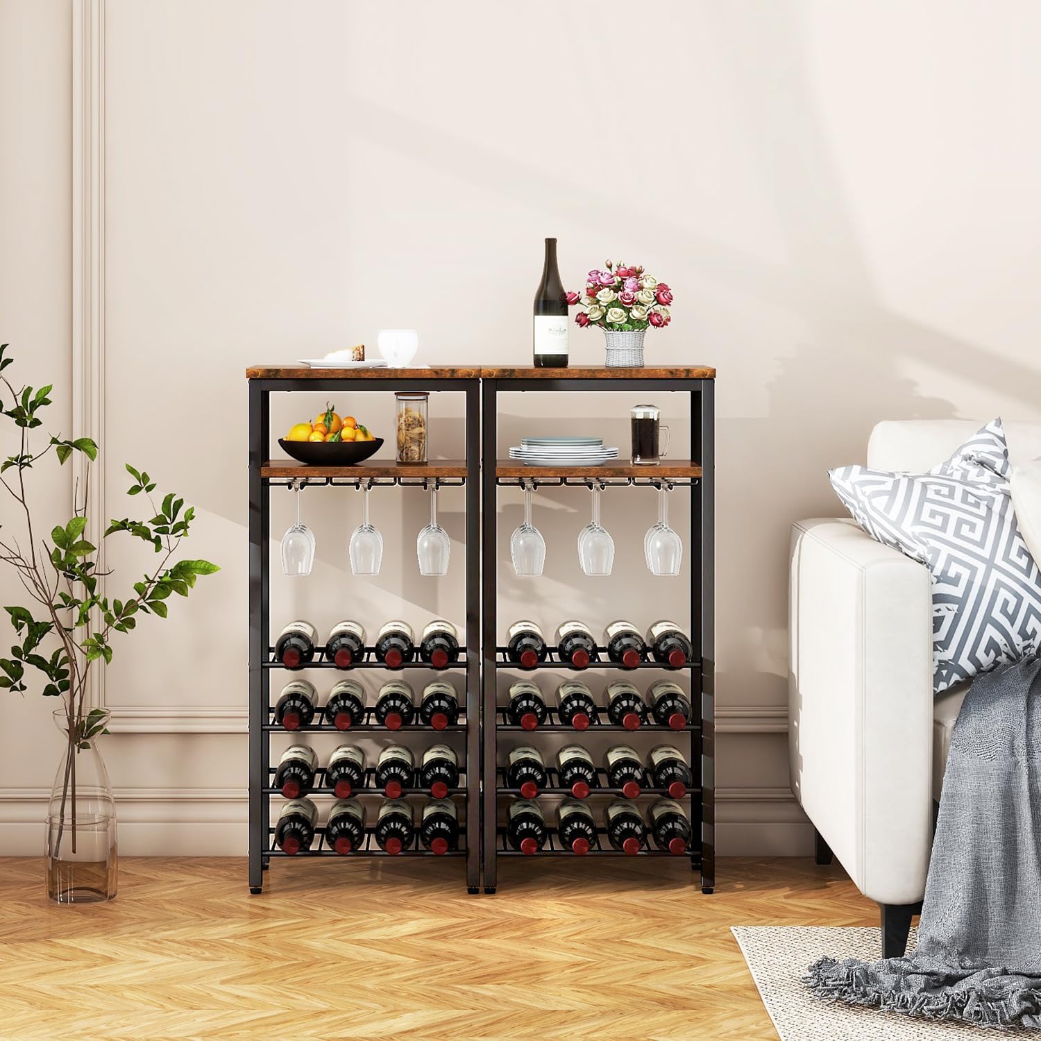 Estantes de vino independientes para piso, soporte para botellas de licor, gabinete de vino para 16 botellas con soporte para vidrio, soporte para vino, mini mesa de bar de vino para sala de 2