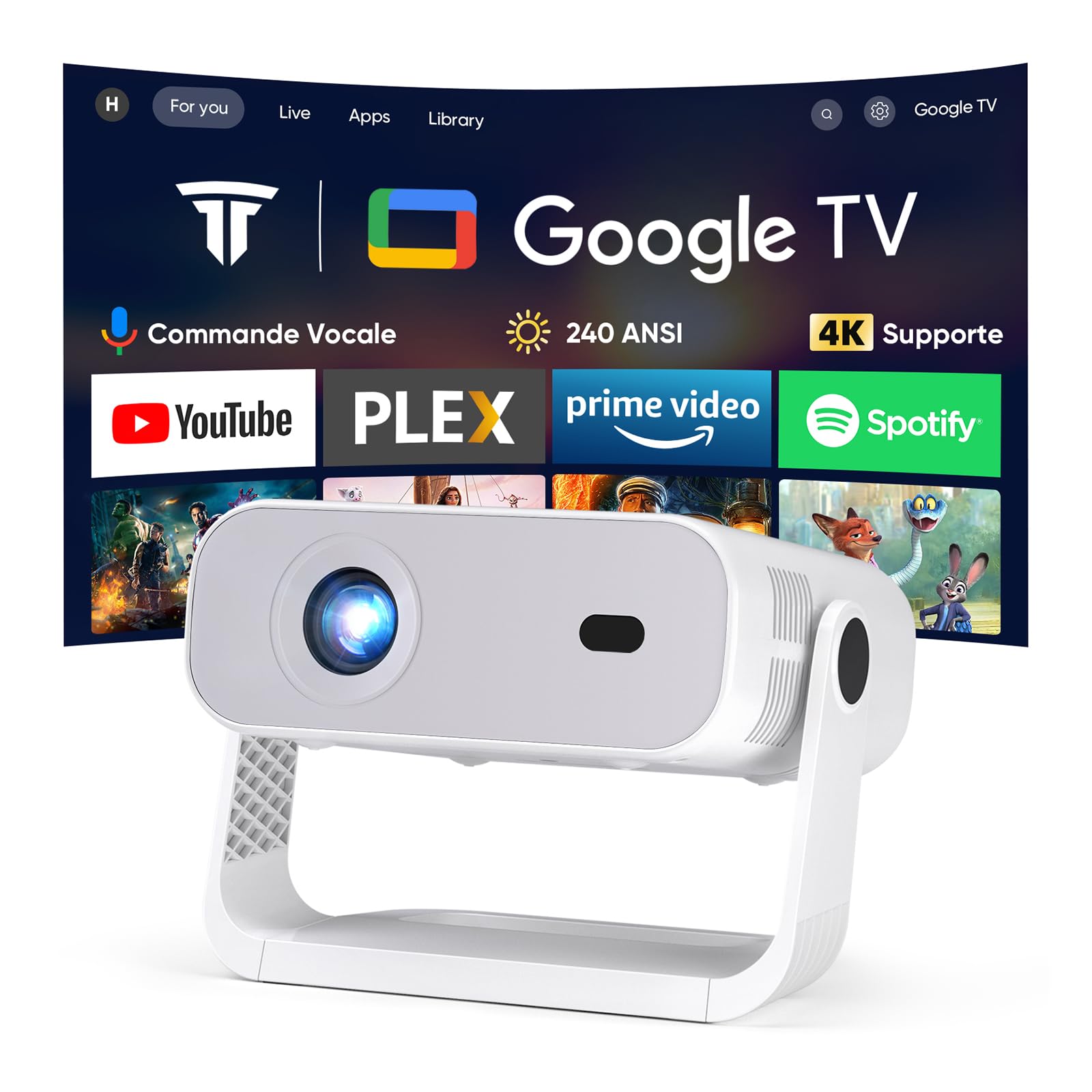 Nouveau videoprojecteur Google TV 2026 avec Applications intégrées, résolution Native 1080p et 4K Compatible, Wi-FI 6 et Bluetooth 5.2, 240 ANSI, Ventilateur Silencieux (<30 DB), pour iOS/Android/PS5