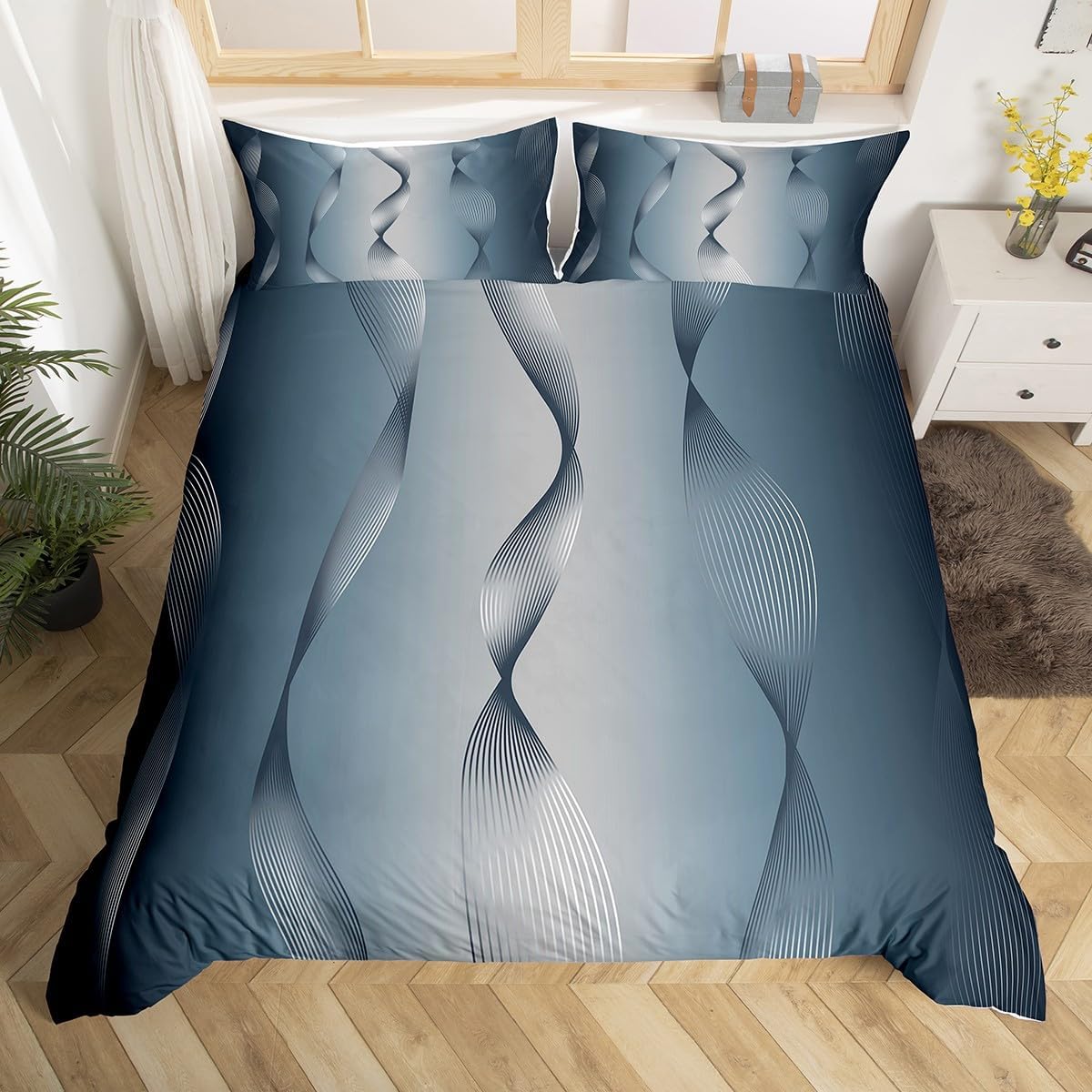 Erosebridal Gradient Navy Blue and Greyish White Bedding Sets Full,Silver Foil Print Wave Striped Comforter Cover Ombre Duvet Cover,Abstract Art Room Decor Aesthetic Navy Blue and Greyish Wh