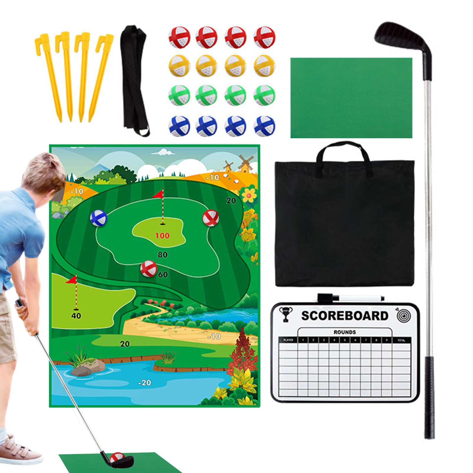 Battle Golf Chipping Game, mata do ćwiczeń dla dzieci, interaktywny zestaw treningowy z putterem i zieloną matą do użytku wewnątrz