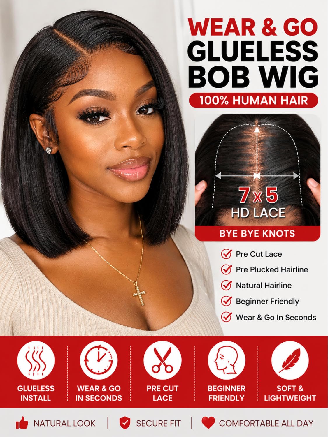 Beauty Forever 7X5 Bye Bye Knots Wear and Go Wig Yaki Straight Pre Cut Lace Bob Wigs Human Hair Lace Closure Wig Pre Plucked, Easy Install No Skill Needed 150% Density 10inch