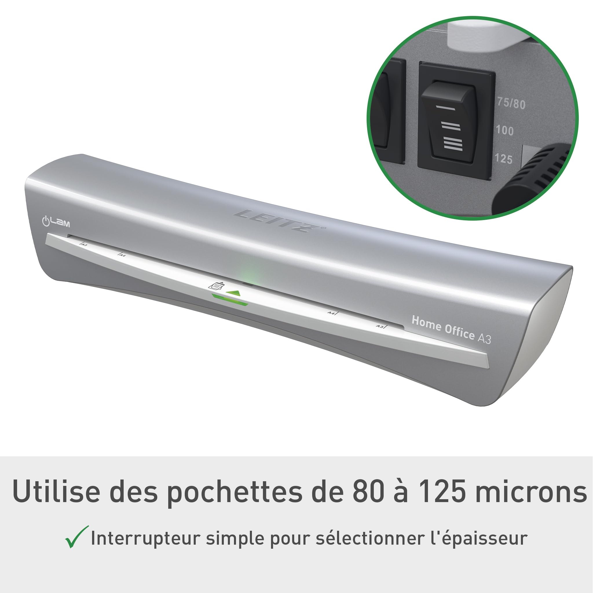 Leitz iLAM Home Office Plastifieuse A3 Préchauffage Rapide 3 Minutes 75-125 Microns Lot Pochettes A4 Inclus Gris