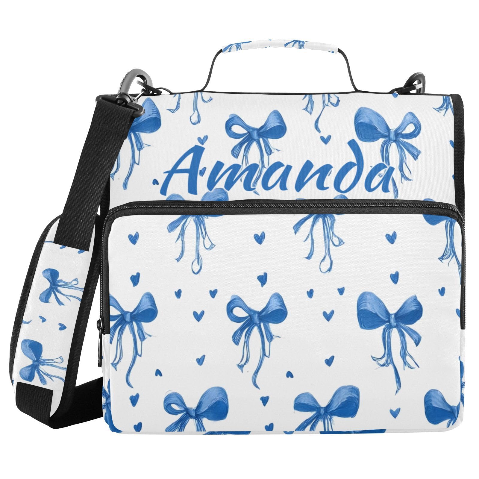 Custom 3 Ring Zipper Binder Blue Bows Ribbons Polka Dots Personalized Name 1.5 inch Binders Large Capacity Multi Pockets for School Office Supplies