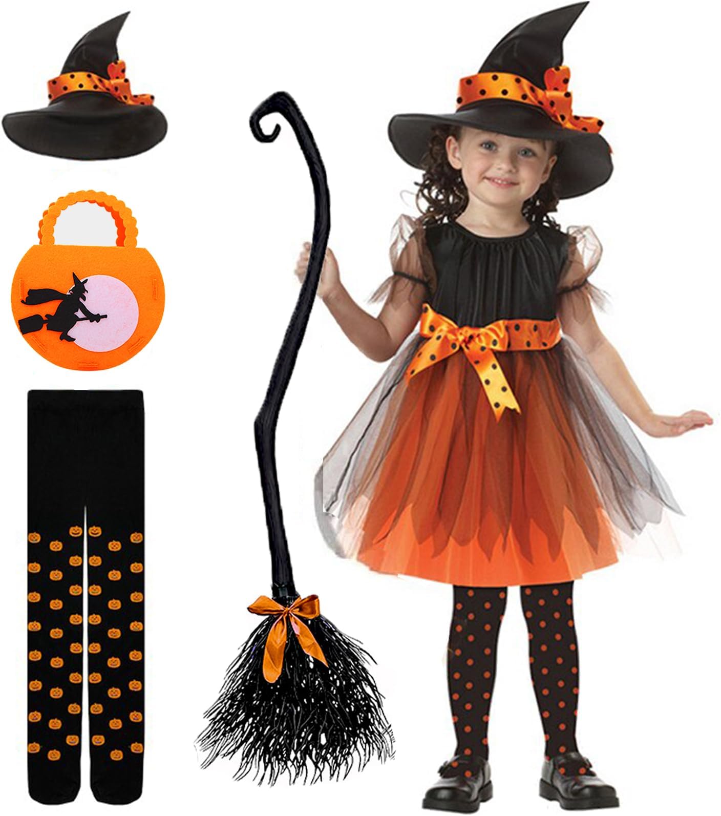 MtanvxayHalloween Costume for Girls Kids Halloween Cosplay Witch Costume Teens Baby Girl Gown Witch Dress Clothing Set Hat Witch Candy Bag Pumpkin Pantyhose and Large Broom