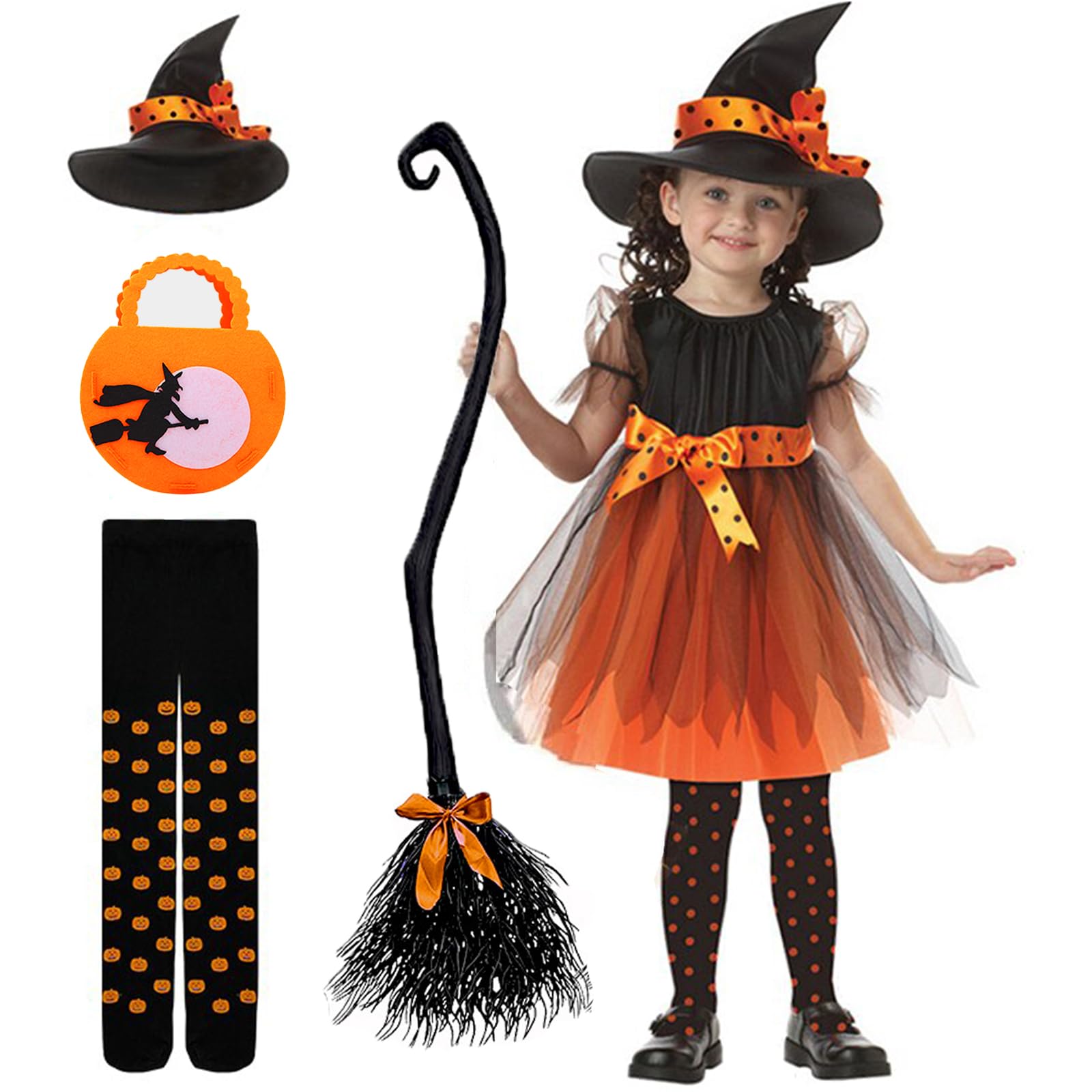 MtanvxayHalloween Costume for Girls Kids Halloween Cosplay Witch Costume Teens Baby Girl Gown Witch Dress Clothing Set Hat Witch Candy Bag Pumpkin Pantyhose and Large Broom