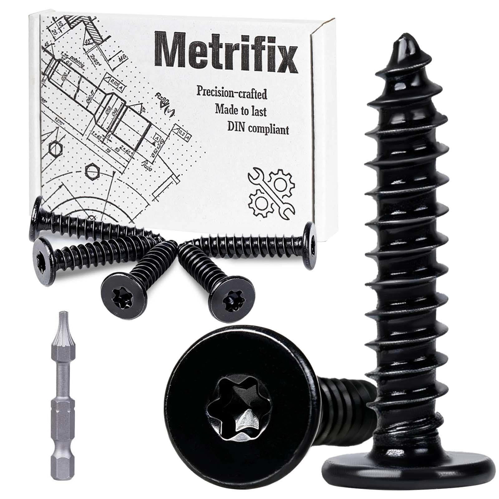 Metrifix 100 pcs Self Tapping Screws M4x25mm Torx Screws Black Flat Head