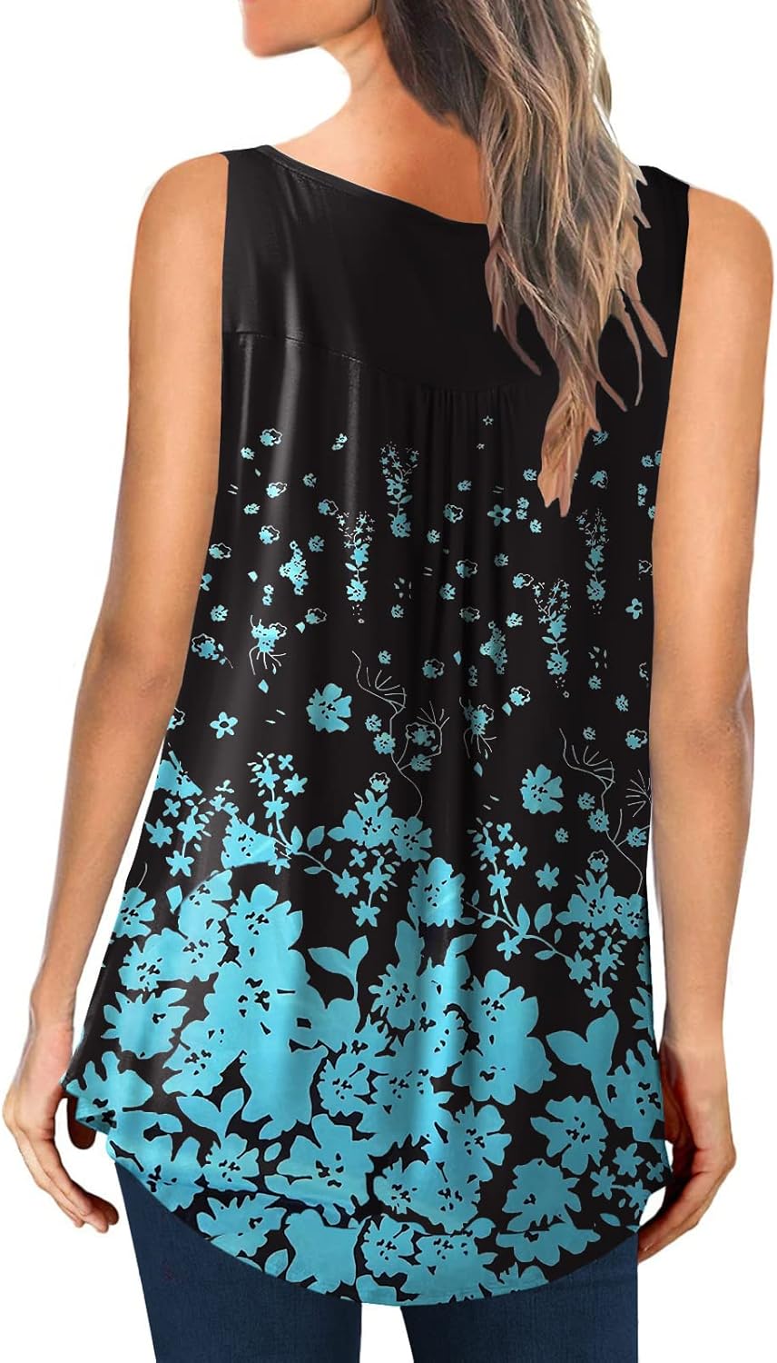 Womens Tank Tops Summer Sleeveless Henley Shirts Flowy Pleated V-Neck Tunics Tee - Image 2