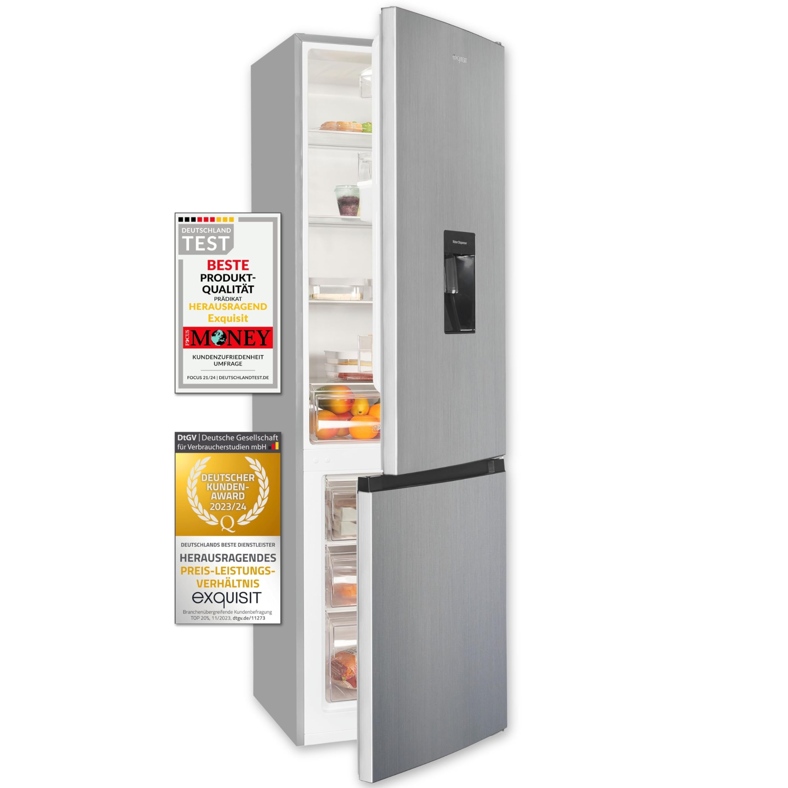 Exquisit Kühl-Gefrierkombination KGC265-70-WS-040E inoxlook | 260 L Volumen | Kühlgefrierkombination freistehend mit Wasserspender | Alarm | 4 Sterne gefrieren