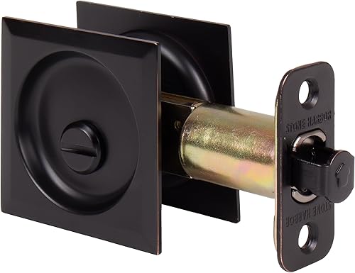 Miniatura 4 de Stone Harbor Hardware Cerradura de puerta de bolsillo cuadrada contemporánea, función de privacidad, fondo de 2-34", bronce vintage