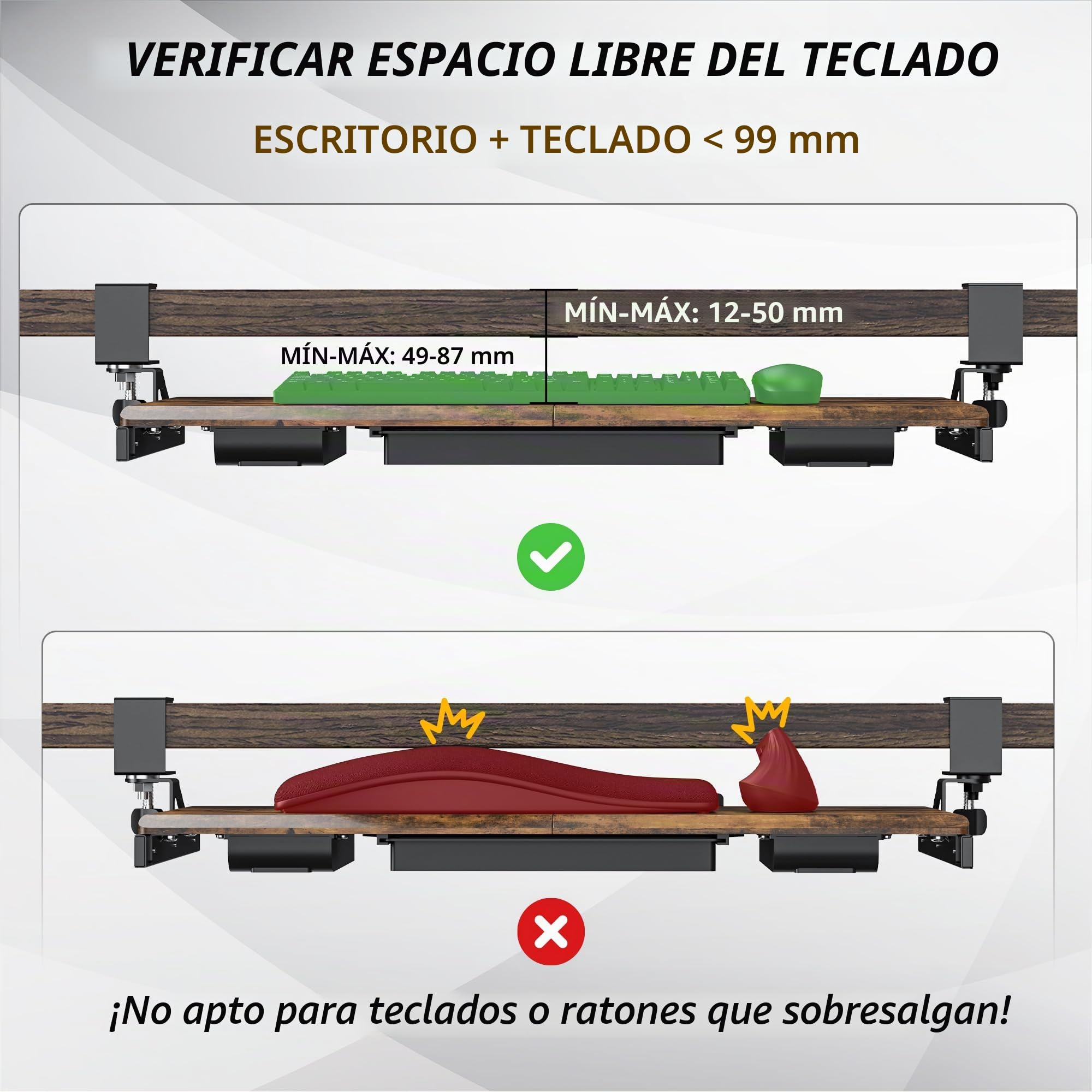 ETHU Bandeja para teclado debajo del escritorio con cajones de almacenamiento, cajón de teclado de 68 x 30 cm con abrazadera en C, estante retráctil para teclado debajo del escritorio para el hogar y