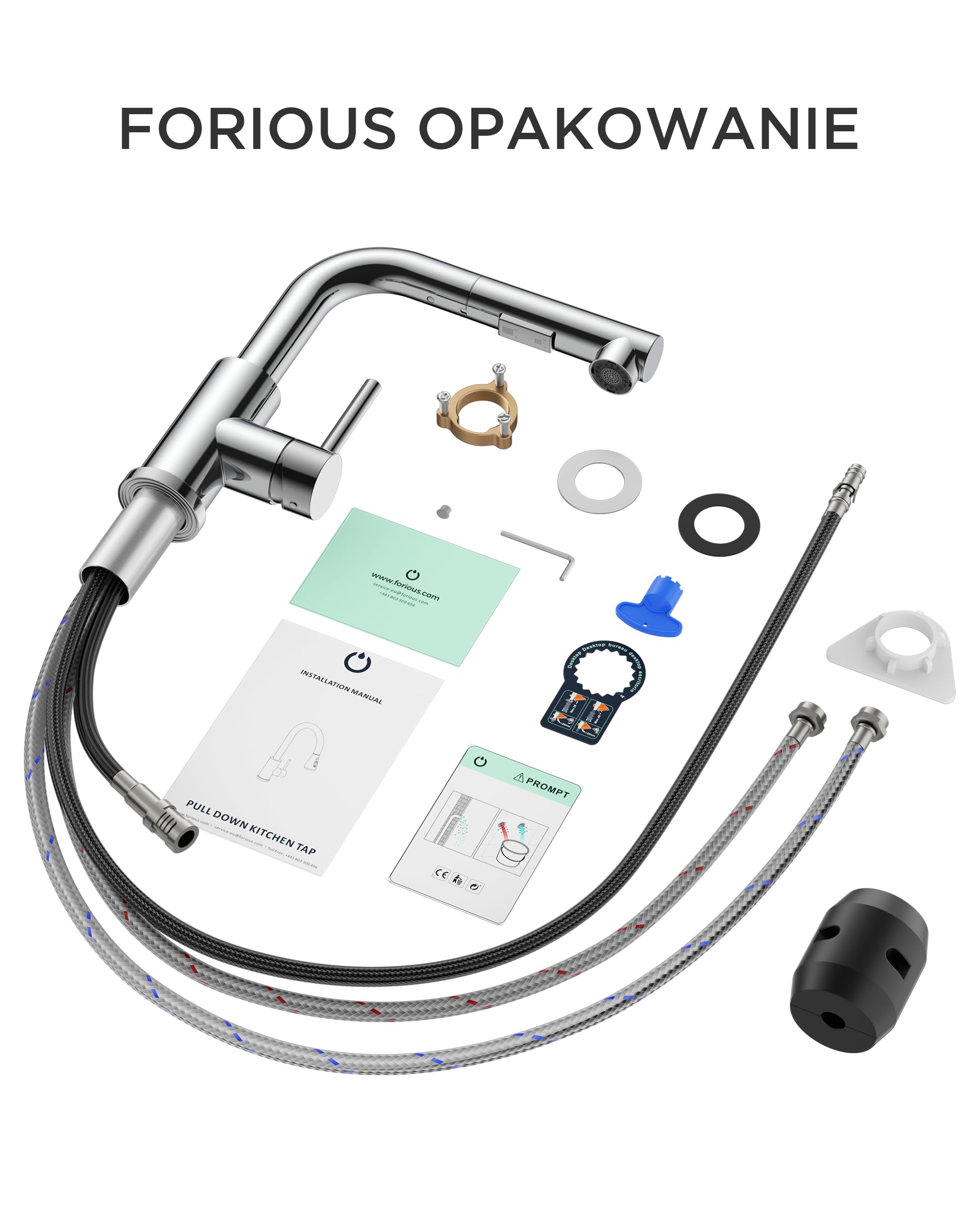 FORIOUS Kran Kuchenny, Bateria Kuchenna Wyciąganą, Kran Zlewozmywakowy ze Stali Nierdzewnej w Kształcie Litery L, 2 Trybami Natrysku i Obracalna o 360°, Wysokość Wylewki 210mm