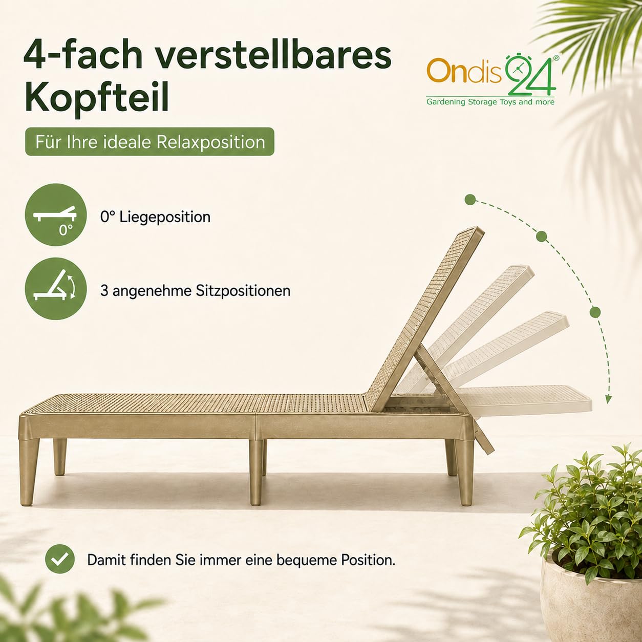 Ondis24 Gartenliege Milan Sonnenliege verstellbares Kopfteil, Relaxliege aus Kunststoff, Flache Rattan-Optik (ohne Kissen, Cappuccino)