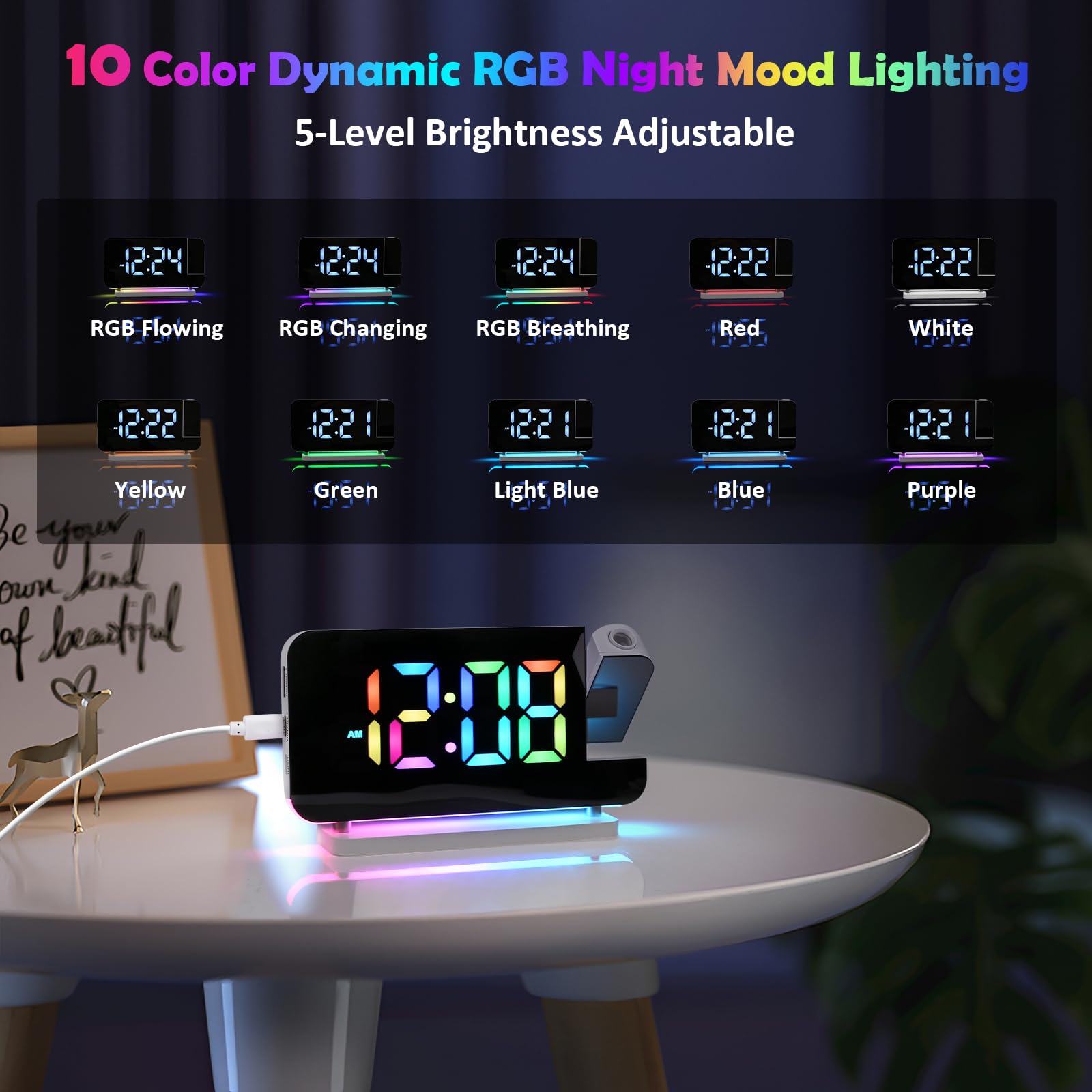 Euakee Réveil Numérique, Réveil avec Projection, Horloge Miroir LED 7.4", Veilleuse 10 Couleurs, Projecteur Rotatif 180°, Chargeur USB-C, Réveils Projection pour Enfants Chambre Filles Garçons (Blanc)