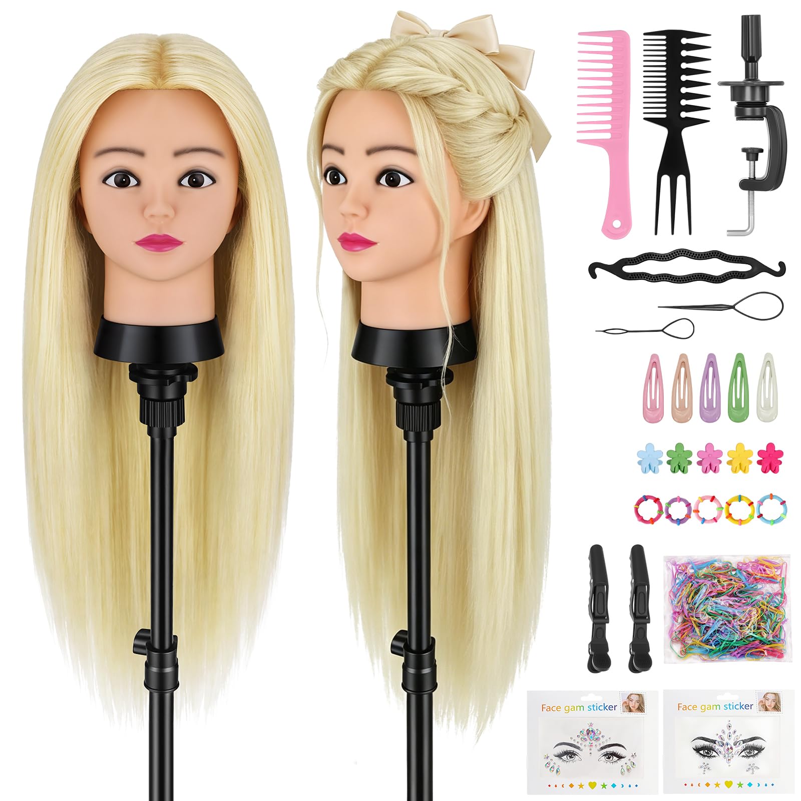 Friseurkopf, 61 cm, 80 % menschliches Training, Echthaar, Puppenkopf für Haarstyling mit Tischklemme, Übungs-Styling-Kopf, Puppe mit Haarstyling-Set für Friseursalons