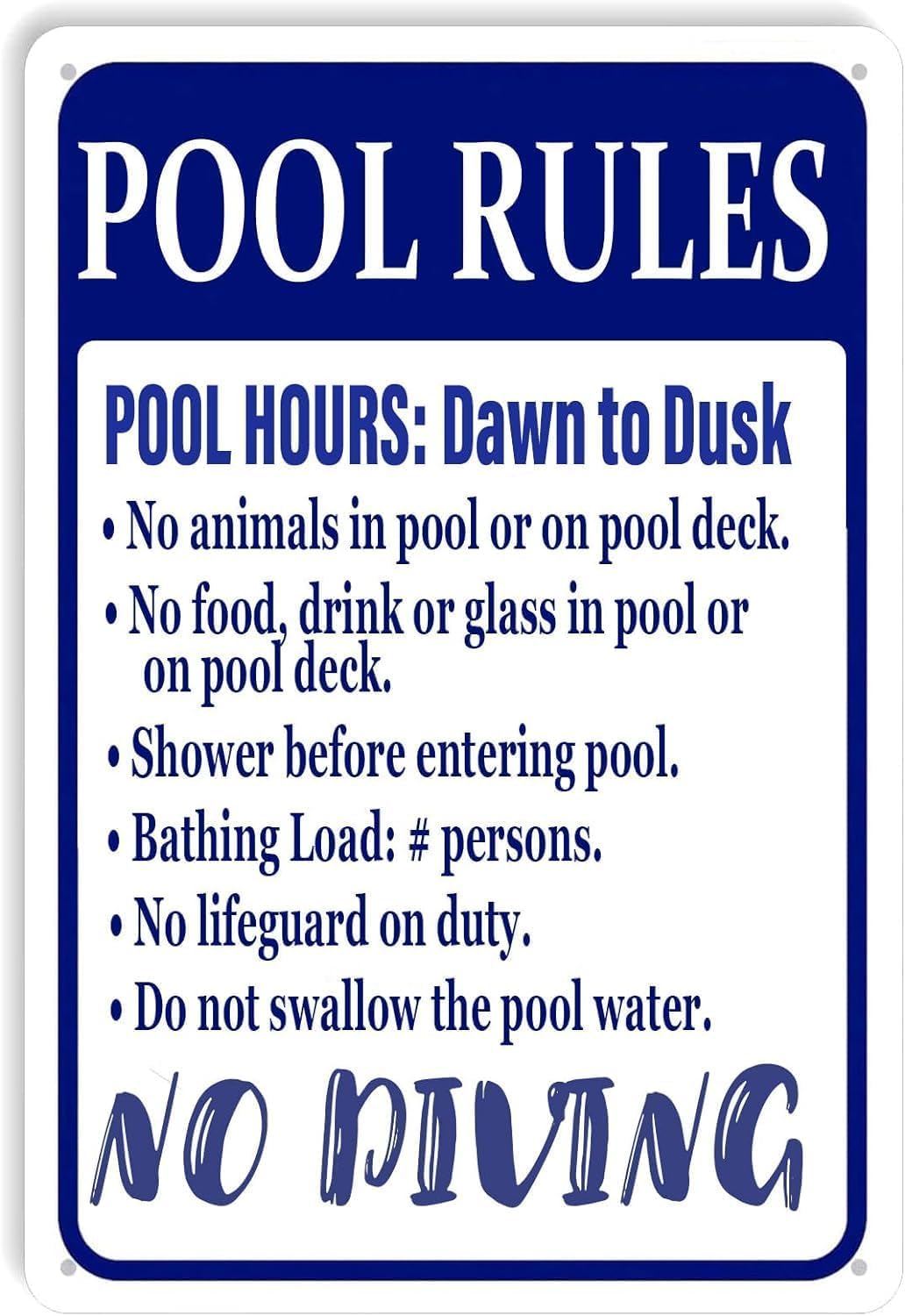 Funny No Diving No Animals in Pool or on Pool Deck Rust Free Aluminum Tin Sign - Retro Rules Decor with Pre-Drilled Holes for Home Swimming Pool - Indoor-Outdoor, 12x8 Inch​