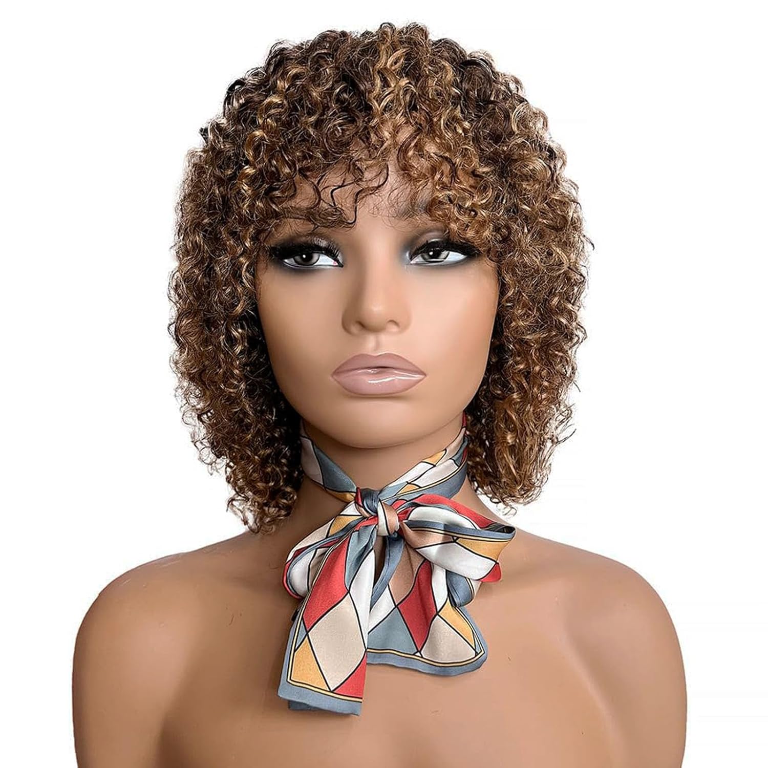 OnePart short kinky curly wig with bangs for black women 100 percent human hair machine made glueless jerry curly brown blonde wig human hair P4/27 12inch