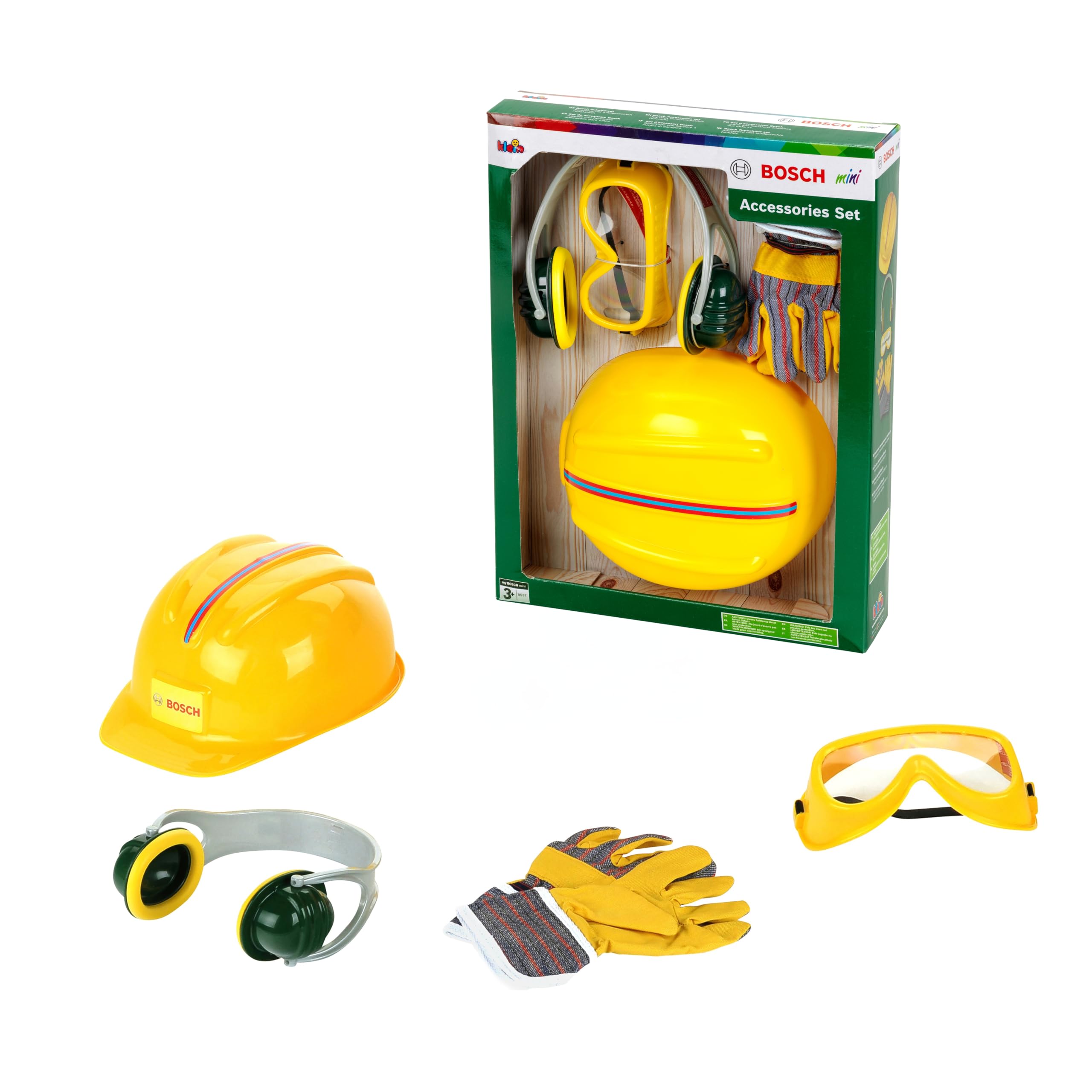 Theo Klein 8537 Set de Accesorios, Guantes de Trabajo, Gafas de Seguridad, Orejeras y Casco de Calidad, Medidas del Embalaje 30 cm x 38 cm 10 cm, Juguete para niños a Partir de 3 años