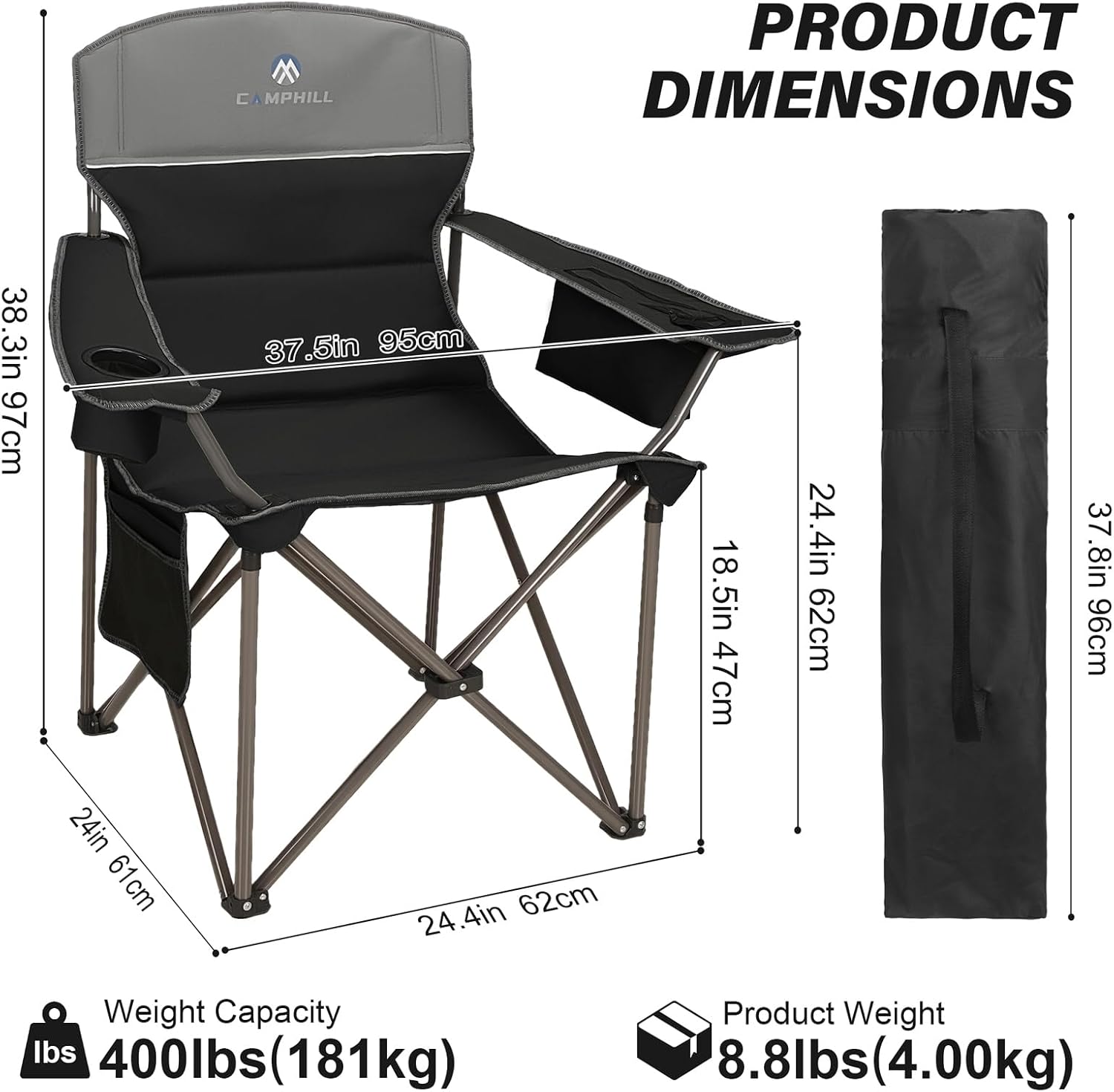 Oversized Camping Chairs 2 Pack - Heavy Duty 400LBS Padded Lawn Chair with Cooler Bag,Cup Holder,Side Pocket,Collapsible for Outdoor,Camp,Fishing & Garden,Black image 2
