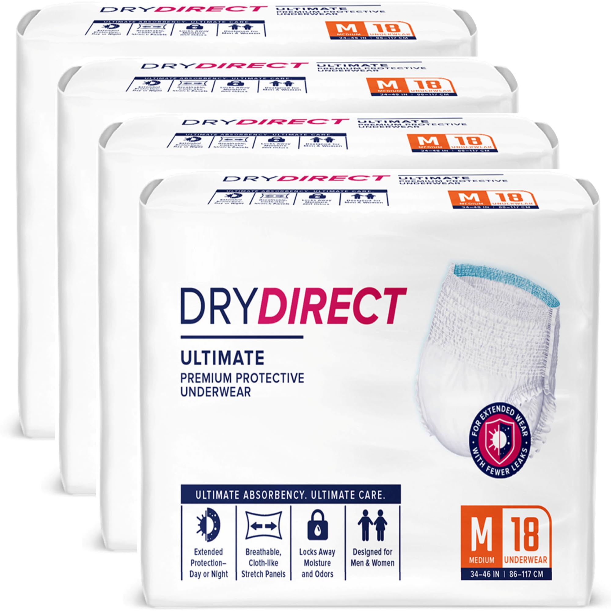 Dry Direct Ultimate Underwear, Made-in-USA Adult Diapers, Max Absorbency Disposable Incontinence Protection - Medium (Case of 72)