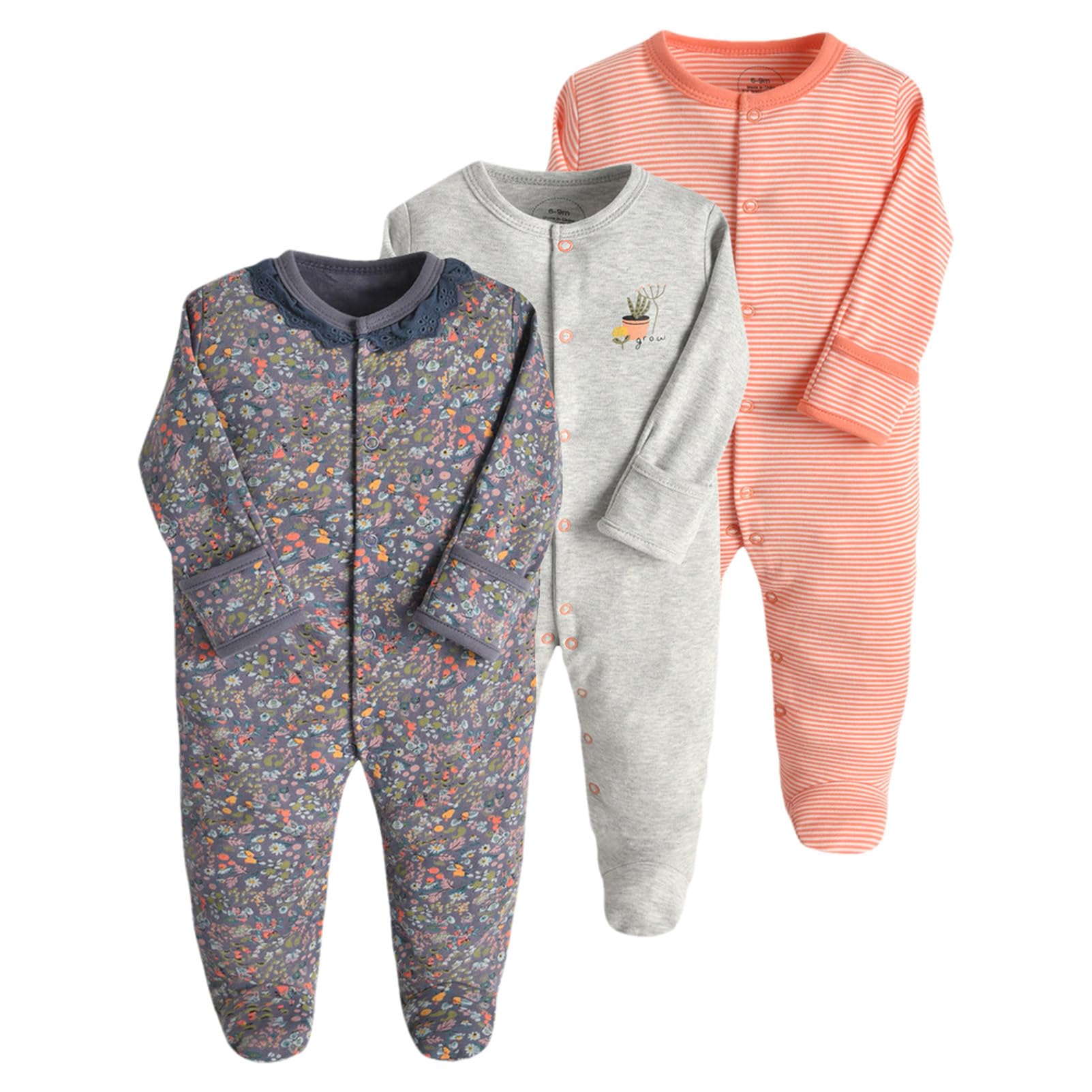 amropi Bebé Niñas Niños Mono Peleles Algodón Pijama Mameluco de Manga Larga Pack de 3 por 0-12 Meses
