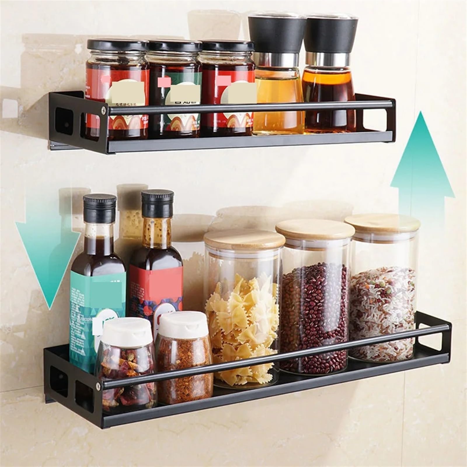 Organizador de especias Estantes organizadores de cocina montaje en pared, estante almacenamiento for tarros especias, soporte for condimentos, acero inoxidable, accesorios(Black-50*12.5*5cm)