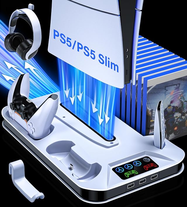 PS5 Slim Pro Cooling Station PS5 Slim Stand with Dual Controller Charging Station for PlayStation 5 Slim PlayStation