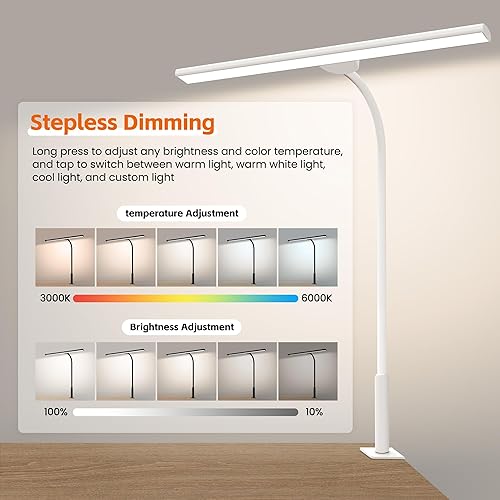 Miniatura 6 de Lámpara de escritorio LED con abrazadera, brillo ajustable que cuida los ojos, 3 modos de iluminación, luz táctil y de control remoto para oficina