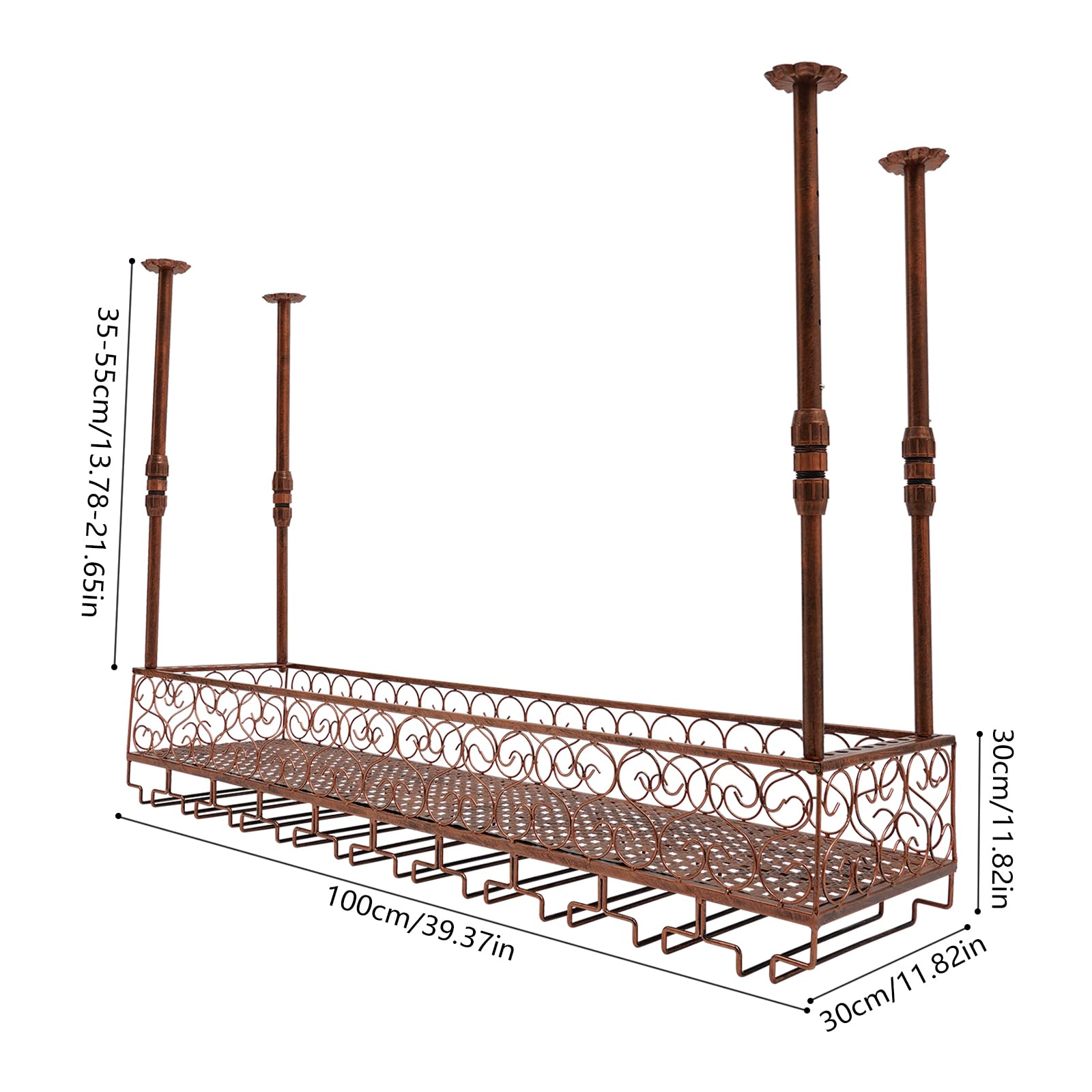 Estante de techo, estante para vino de montaje en techo, altura ajustable, 35-55 cm, soporte para copas de vino retro para habitaciones con una altura de 7,71 – 8,37 pies, cocinas, bares,