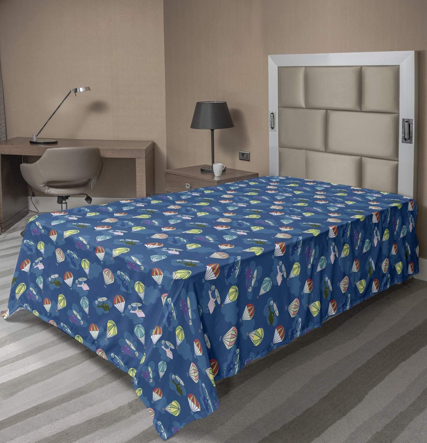 Ambesonne Air Balloon Flat Sheet, Helicopter Along Propeller Sky Vehicles Sky Platforms Pattern, Soft Comfortable Top Sheet Decorative Bedding 1 Piece, Twin Size, Dark Sky Blue and Multicolor