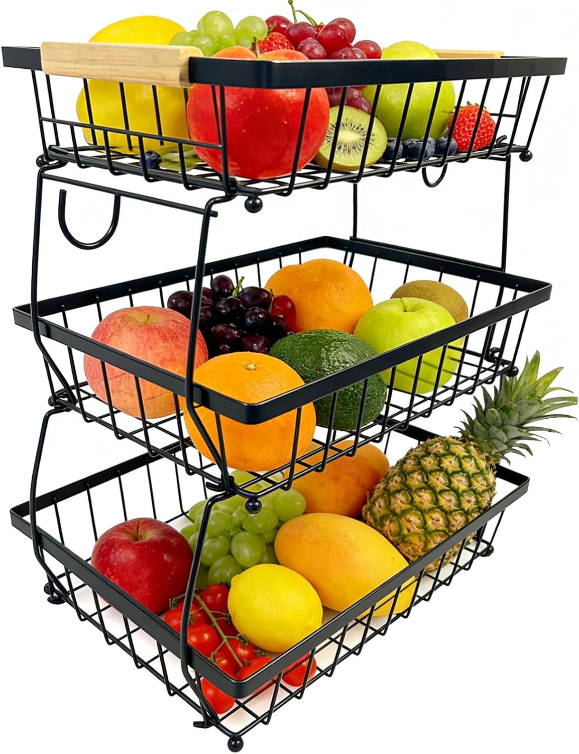 3 Tier Fruit Basket for Kitchen Counter, Large Fruit Holder with 2 Banana Hooks, Detachable Metal Fruit Stand with Wooden Handle, Kitchen Storage Cart,Vegetable Basket, Snack Rack