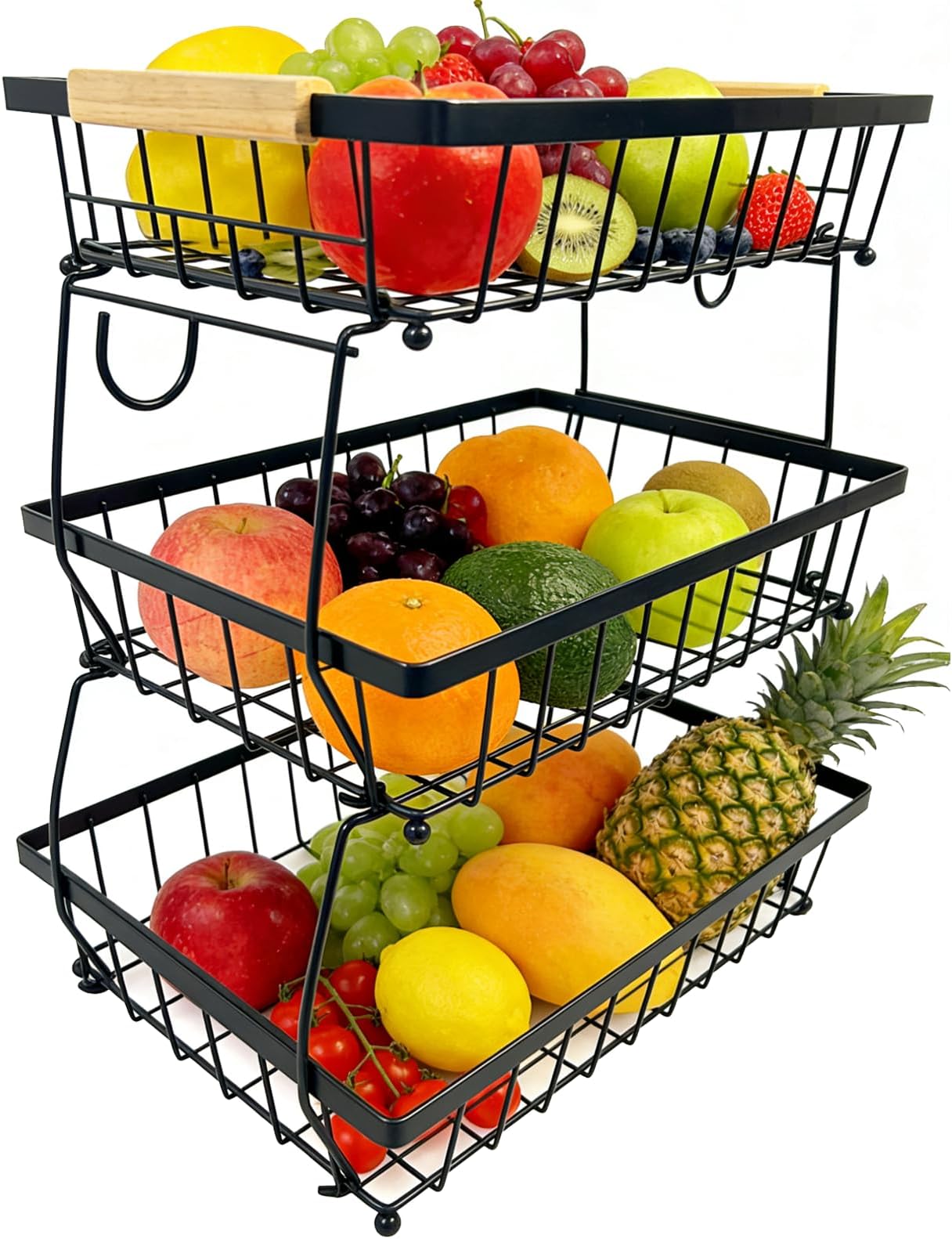 3 Tier Fruit Basket for Kitchen Counter, Large Fruit Holder with 2 Banana Hooks, Detachable Metal Fruit Stand with Wooden Handle, Kitchen Storage Cart,Vegetable Basket, Snack Rack