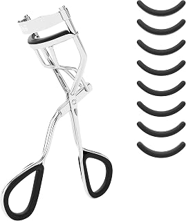 Rizador de pestañas color oro rosa con 8 recambios de goma, moldeador para rizar con unas pestañas perfectas, eyelash curler (Plata)