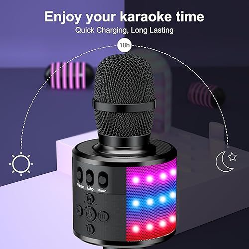 Miniatura 3 de BONAOK - Micrófono de karaoke inalámbrico Bluetooth con luces LED, micrófono de mano portátil 4 en 1 con bocina reproductora de karaoke para cantar