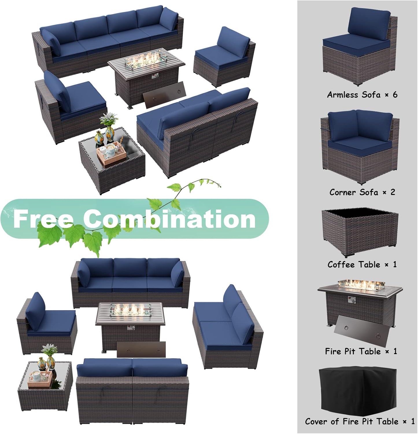 ALAULM 10 Pieces Patio Furniture Set with Propane Fire Pit Table Outdoor Sectional Sofa Sets Patio Furniture 43" Gas Fire Pit Brown PE Rattan Patio Conversation Set w/8 Seat Cushions (Dark Blue) : Patio, Lawn & Garden