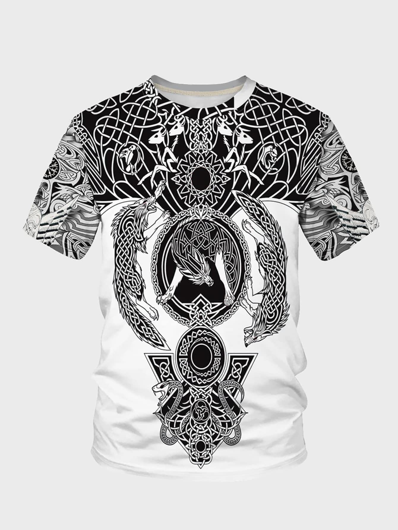 LETISR Men's T-Shirts Men Wolf & Snake Print Tee T-Shirts for Men (Color : Black and White, Size : Small)