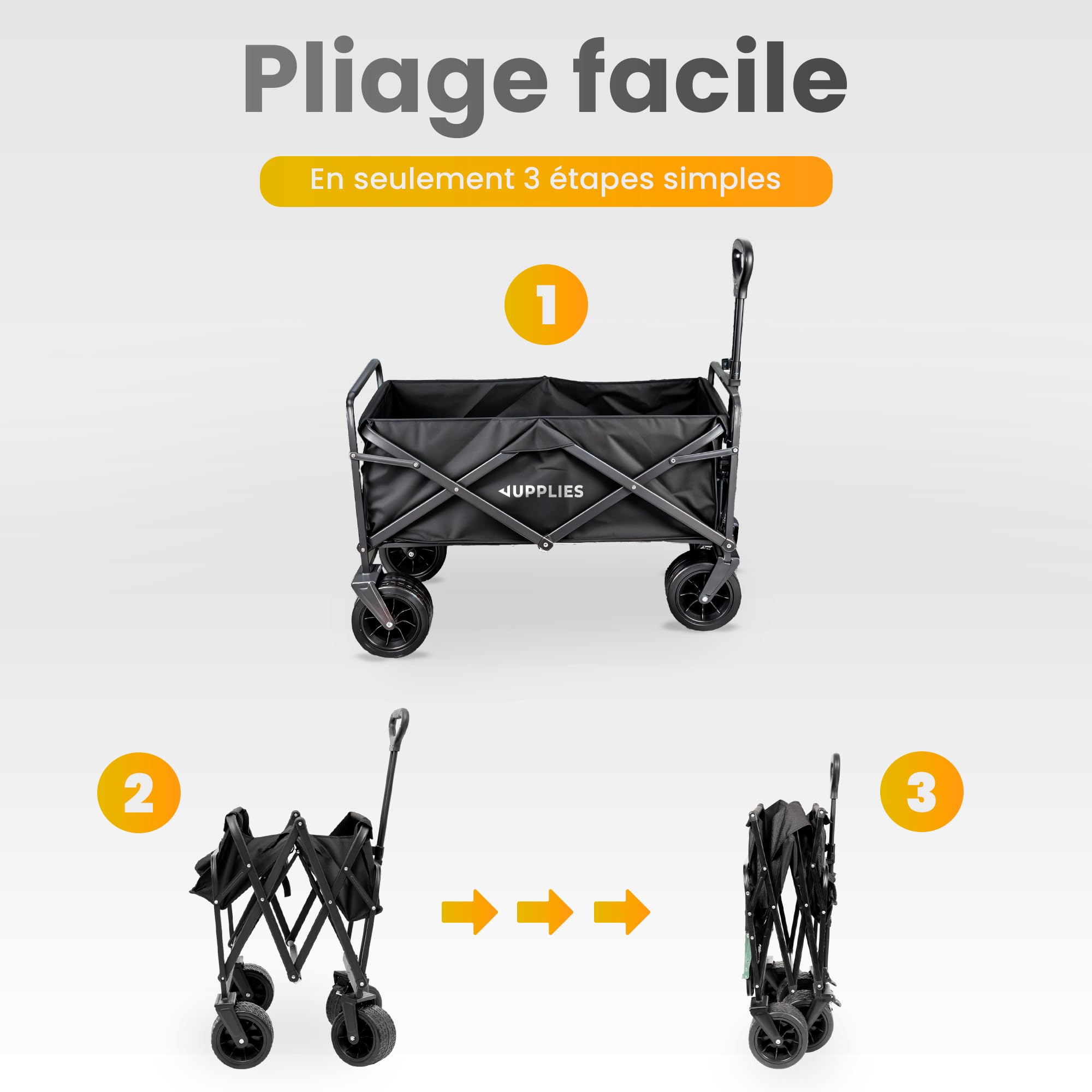 JUPPLIES Chariot Pliable à roulettes Grandes 150KG – Chariot de Jardin, Plage et Courses | Chariot de Transport Pliable Tout Terrain avec Poignée Télescopique et Tissu Oxford 600D Imperméable