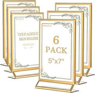 6PCS Gold Acrylic Picture Frame Stands Holders for Tables Display 5x7, Double Sided Acrylic Wedding Table Number Sign Holder, Clear Menu Flyer Paper Holder for Wedding Party Decor