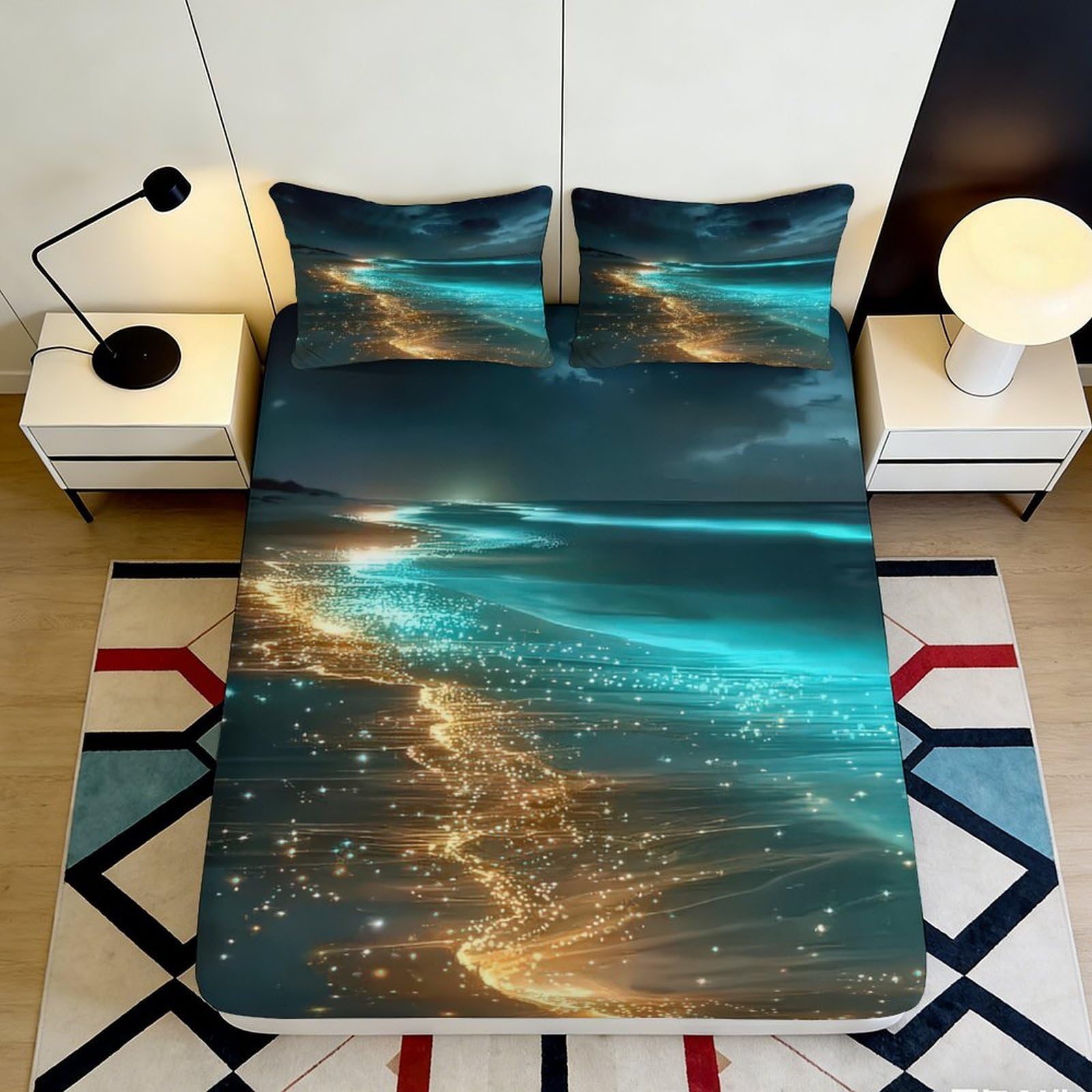 3D Printed Ocean Sparkle Fitted Sheet Microfiber Soft Breathable Starry Night Bed Cover for Bedroom Dormitory Guest Room Mattress Protection Decor 90x200x25cm