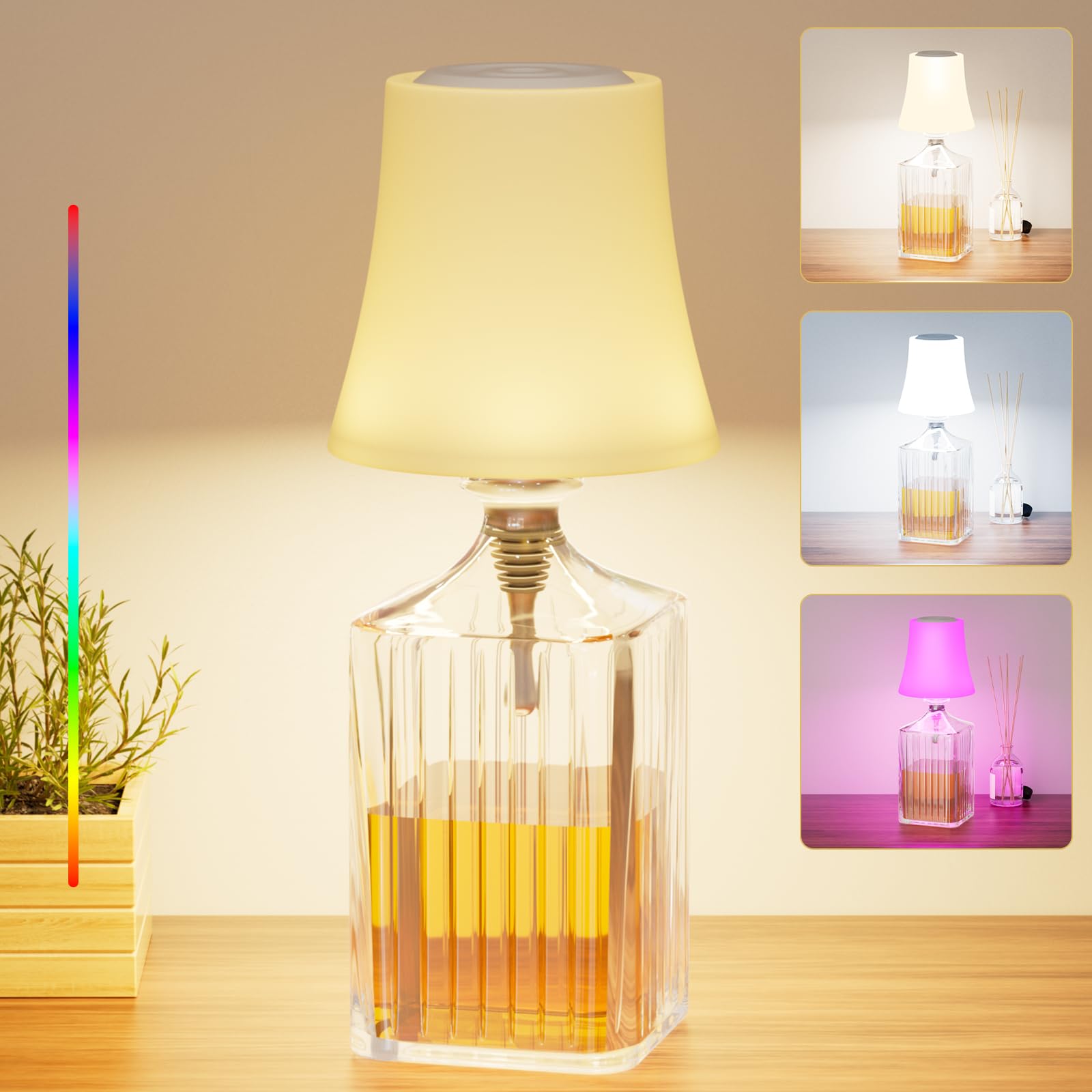 Nulmvic Lampada per Bottiglia Ricaricabile - Lampada da Tavolo Senza Fili Dimmerabile con 3 Temperature di Color+RGB - Controllo Touch IP54 Impermeabile per Interno Esterno Soggiorno Camera da Letto