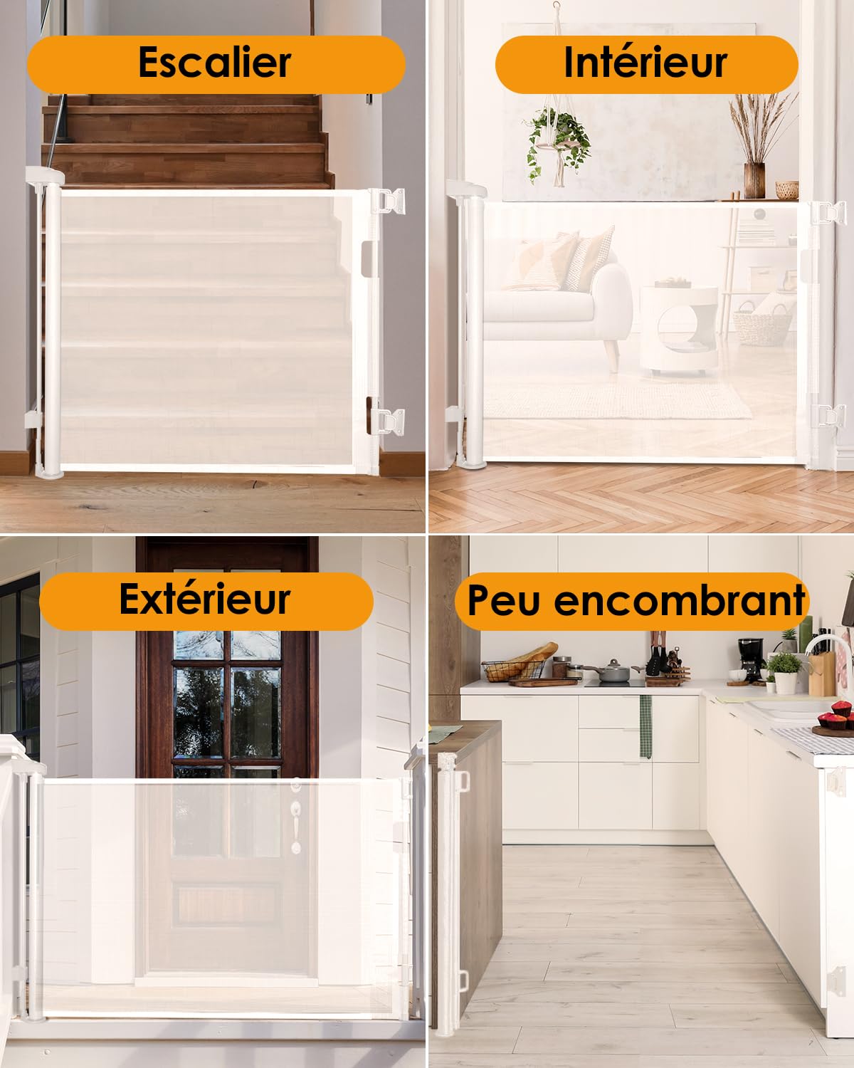 derimkcoa Barrière de Sécurité Enfant 0-140cm, Extensible et Rétractable, pour Bébé/Chien, Escaliers, Couloirs, Intérieur et Extérieur (Blanc)