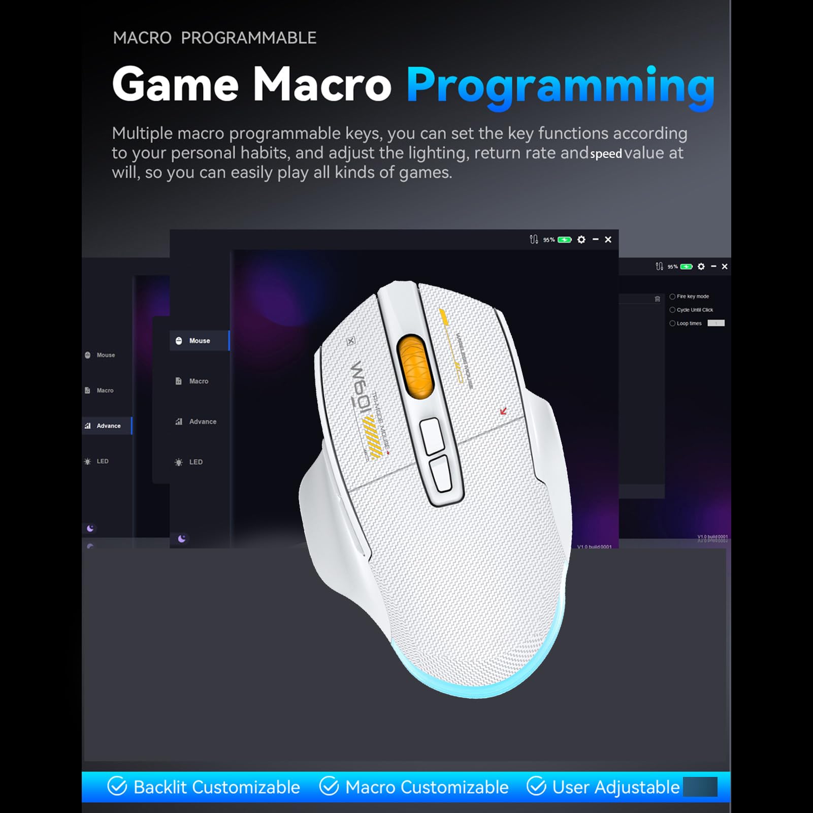 Fockety Mouse da Gioco Wireless, Mouse da Gioco Ergonomici per Computer con connettività a 3 modalità, Luci RGB Personalizzabili e 7 Pulsanti Programmabili (WHITE)