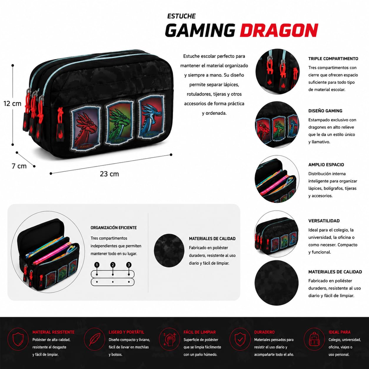 Vasari Combo Escolar Fiambrera Térmica + Estuche Triple Compartimento | Bolsa Porta Alimentos y Estuche Escolar para Niño | Gaming Dragon Negro