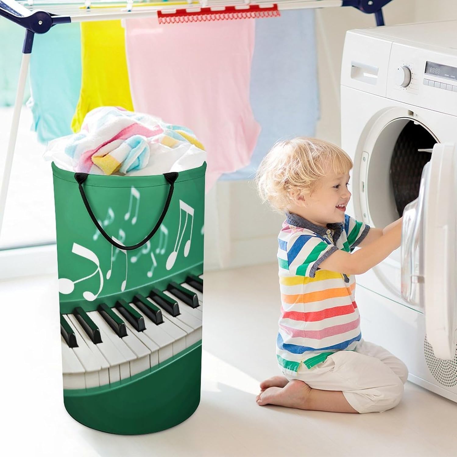 Green And White Piano Keys Laundry Hamper with Handles Waterproof Collapsible Laundry Basket Large Lightweight Round Dirty Clothes Hamper for Home Dorm Bathroom Decor