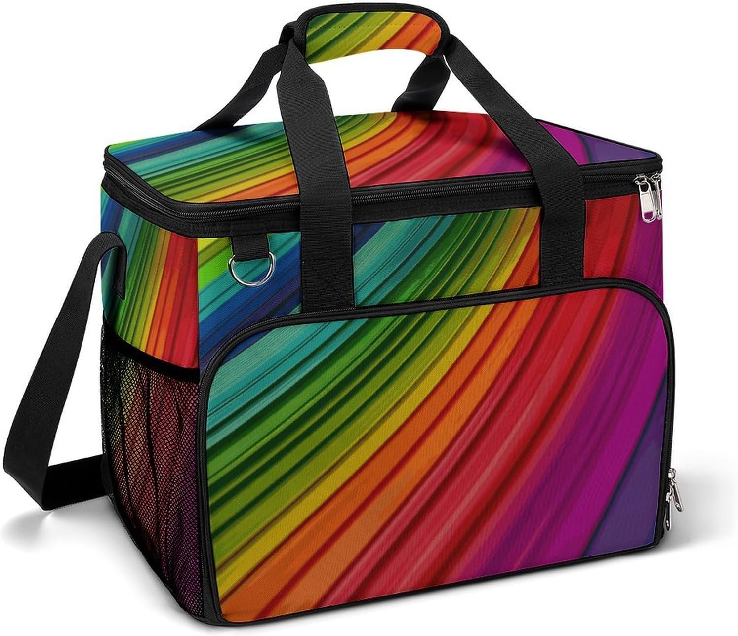 Insulated Picnic Backpack Tote Bag, Large Capacity 30L Rainbow Color Stripe Cooler Bag Leakproof Beach Bags Portable Lunch Box Waterproof Picnic Basket for Beach Camping BBQ